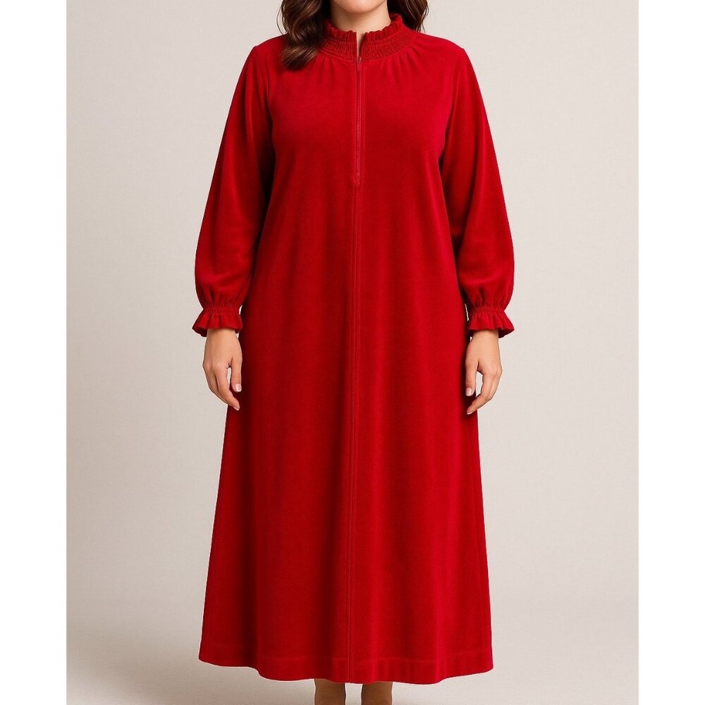 Vintage Vanity Fair Red‎ Velour Nightgown House Coat Long Zip Pockets Large